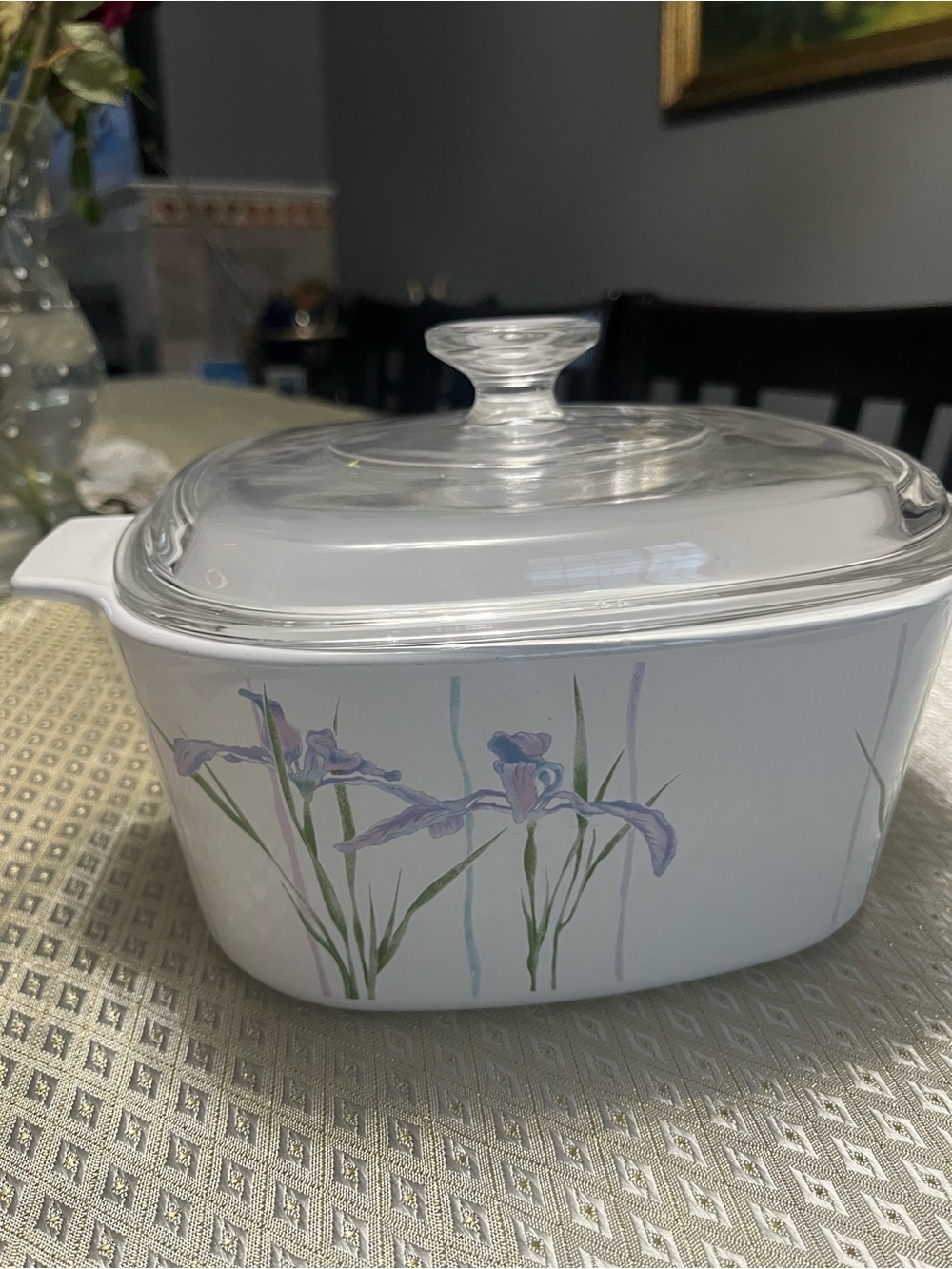 Corningware White Casserole with Purple Iris Floral Design and Clear Lid
